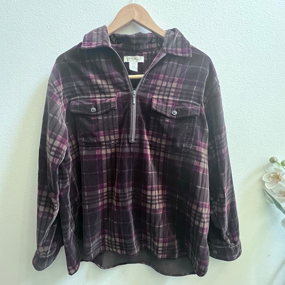 Vintage Eddie Bauer Plaid Velvet Red Pullover Long Sleeve Shirt Sweater Womens M